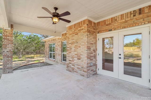 view of patio with french doors and ceiling fan