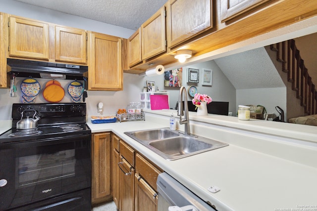 kitchen with a textured ceiling, black range with electric cooktop, white dishwasher, sink, and lofted ceiling