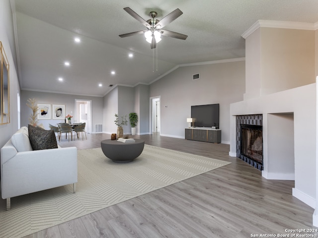 living room with a large fireplace, crown molding, light hardwood / wood-style flooring, and vaulted ceiling