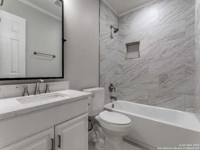 full bathroom with tiled shower / bath combo, toilet, crown molding, and vanity