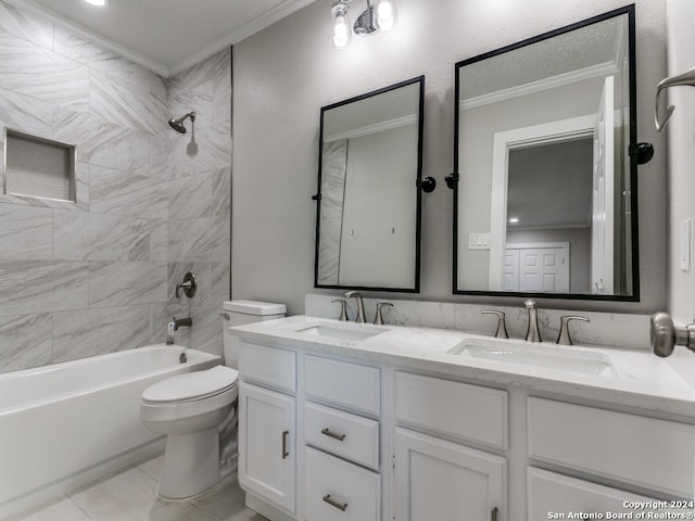 full bathroom featuring tile patterned flooring, crown molding, a textured ceiling, vanity, and tiled shower / bath