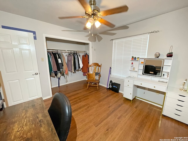 home office with ceiling fan and wood-type flooring