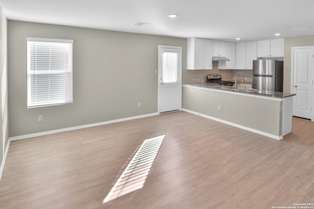 kitchen with white cabinetry, sink, stainless steel appliances, light hardwood / wood-style flooring, and kitchen peninsula