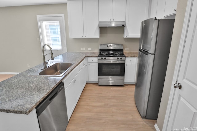 kitchen with kitchen peninsula, stainless steel appliances, sink, light hardwood / wood-style flooring, and white cabinets