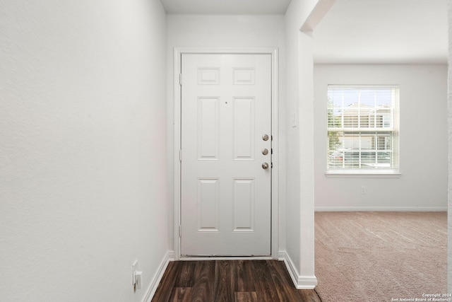 doorway to outside featuring dark wood-type flooring