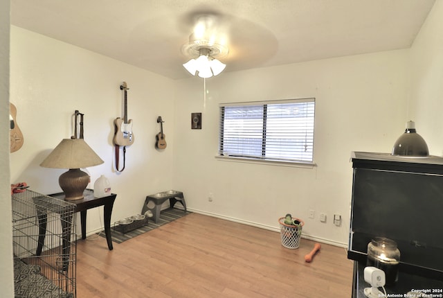 misc room with hardwood / wood-style flooring and ceiling fan