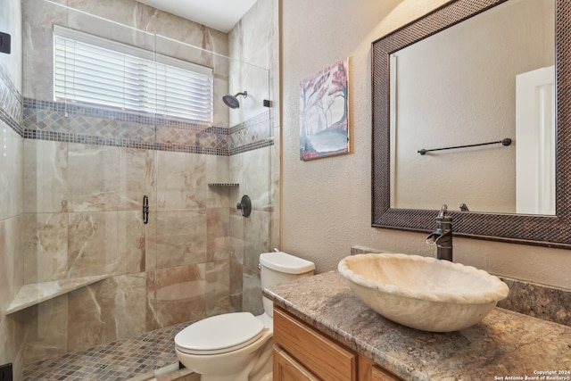 bathroom featuring vanity, toilet, and a shower with shower door