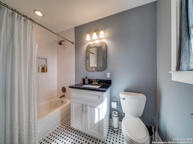 full bathroom with tile patterned flooring, vanity, shower / bath combination with curtain, and toilet