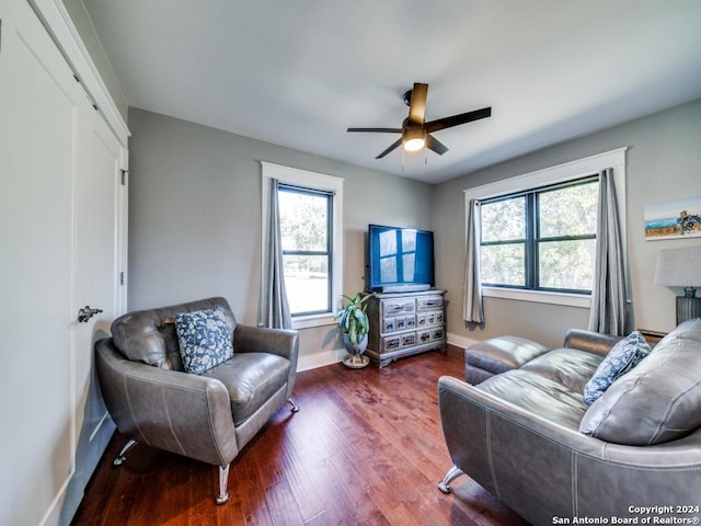 living room with plenty of natural light, ceiling fan, and wood-type flooring