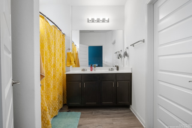 bathroom with hardwood / wood-style floors and vanity