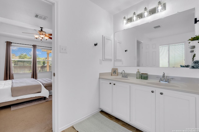 bathroom with plenty of natural light, ceiling fan, and vanity