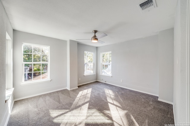 spare room with ceiling fan, plenty of natural light, and carpet floors