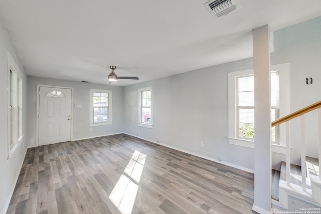 entrance foyer featuring ceiling fan and light hardwood / wood-style floors