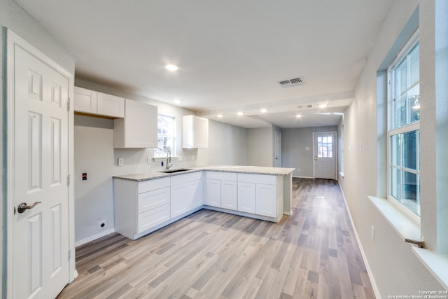 kitchen featuring white cabinets, light hardwood / wood-style floors, kitchen peninsula, and sink