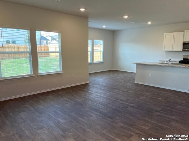 unfurnished living room with sink and dark wood-type flooring