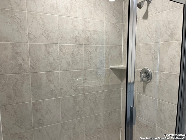 interior details with a shower with shower door