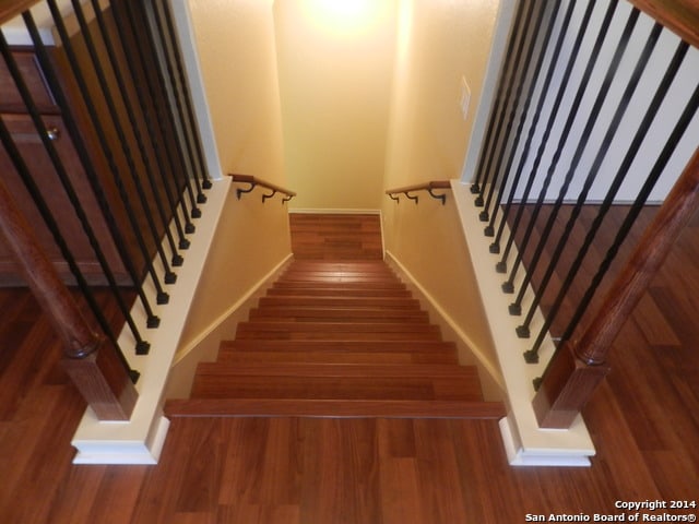 stairway featuring wood-type flooring