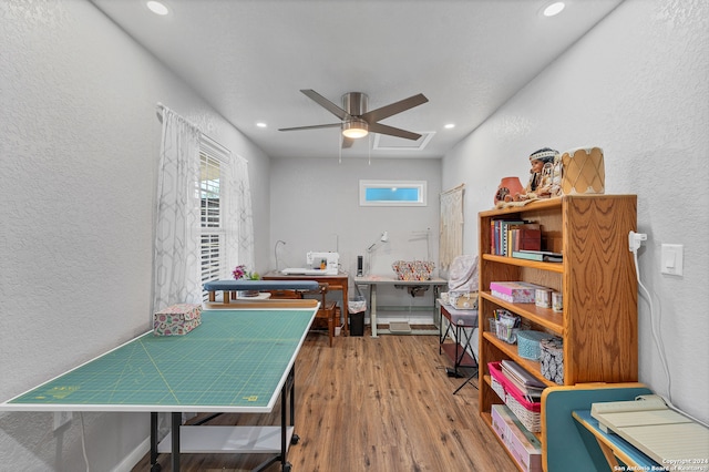 office featuring hardwood / wood-style flooring and ceiling fan