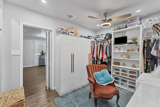 spacious closet featuring ceiling fan and wood-type flooring