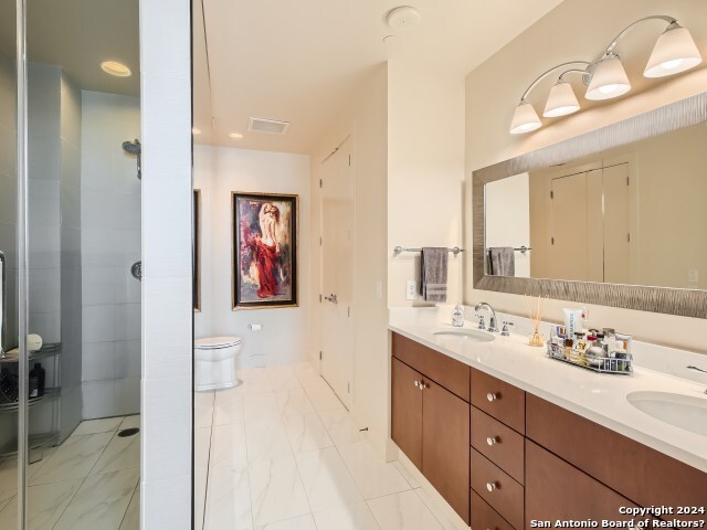 bathroom with vanity, toilet, and a shower with door