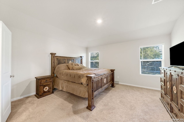 bedroom featuring light carpet and multiple windows