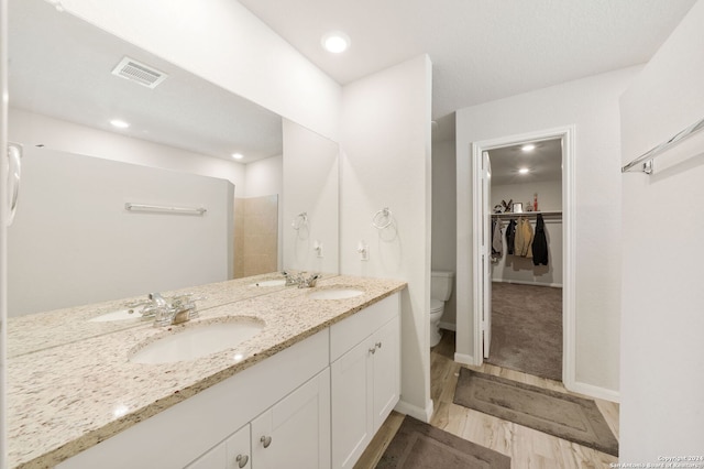 bathroom with hardwood / wood-style floors, vanity, and toilet