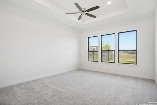 spare room featuring a tray ceiling, ceiling fan, and carpet