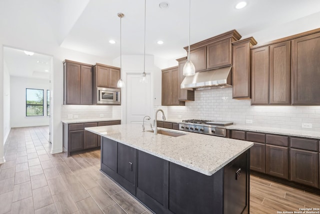 kitchen featuring appliances with stainless steel finishes, ventilation hood, an island with sink, sink, and hanging light fixtures