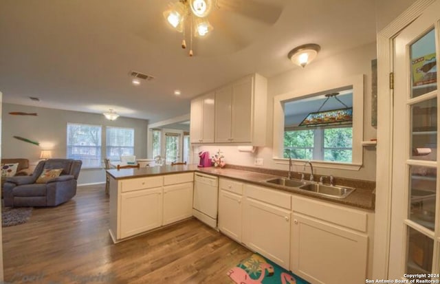 kitchen with kitchen peninsula, white cabinetry, dishwasher, and plenty of natural light