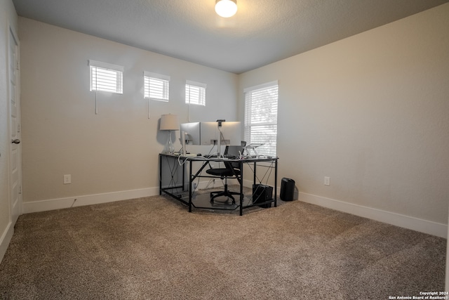 carpeted home office with a textured ceiling and a healthy amount of sunlight