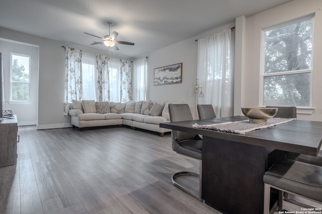 living room featuring ceiling fan, a healthy amount of sunlight, and hardwood / wood-style flooring