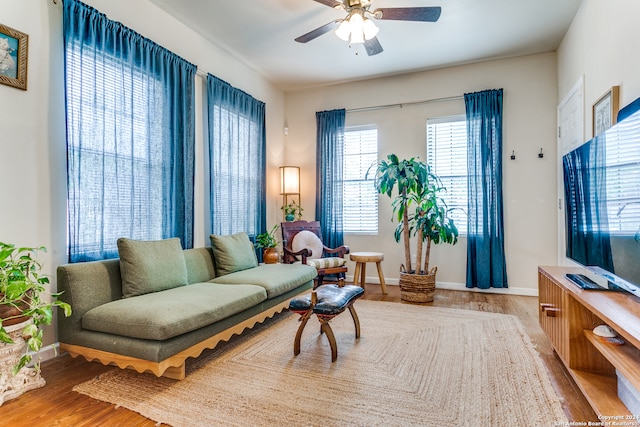 living room with hardwood / wood-style floors and ceiling fan