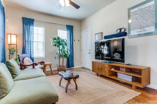 living room featuring ceiling fan and hardwood / wood-style flooring