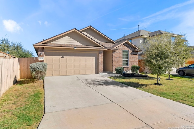 ranch-style home with a garage and a front lawn