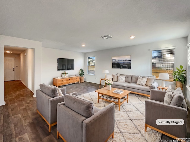 living room featuring wood-type flooring and a textured ceiling