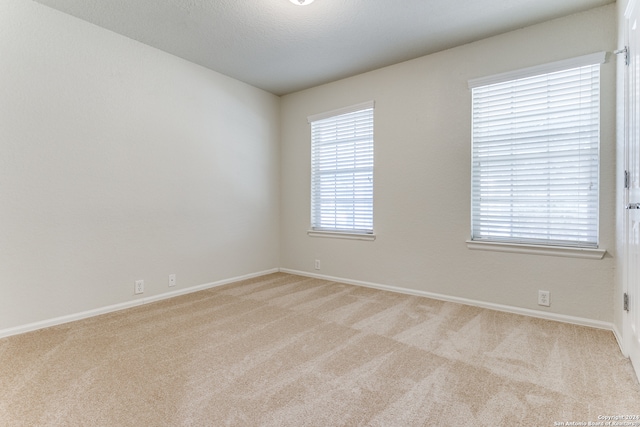 empty room with a textured ceiling and light carpet