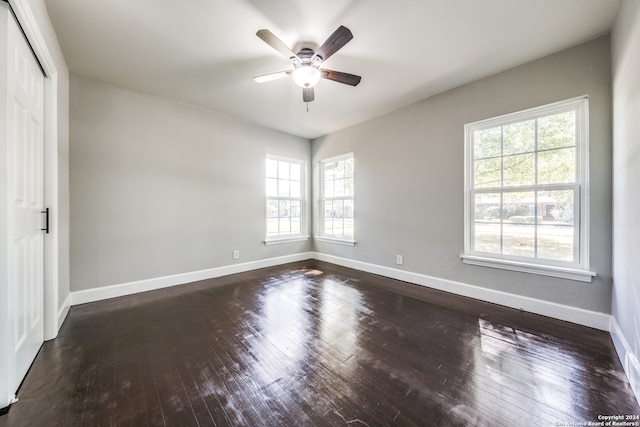 spare room featuring a wealth of natural light, dark hardwood / wood-style flooring, and ceiling fan