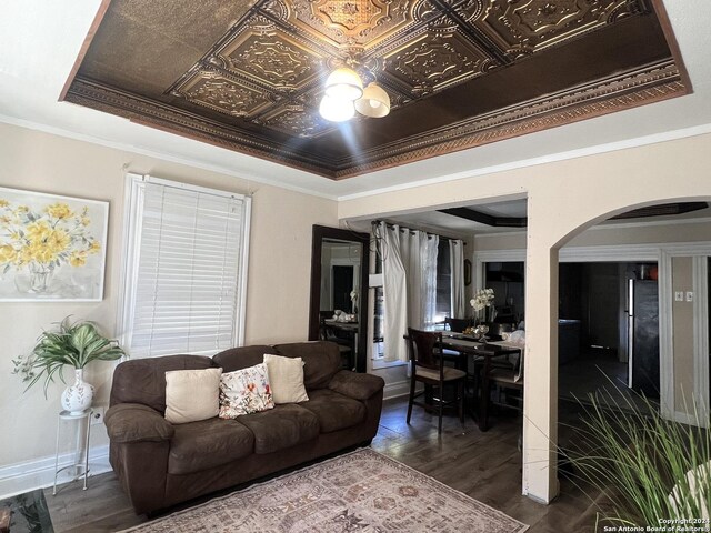 615 Carolina St, San Antonio, TX 78210 - living room featuring arched walkways, dark wood-style flooring, a tray ceiling, and ornamental molding