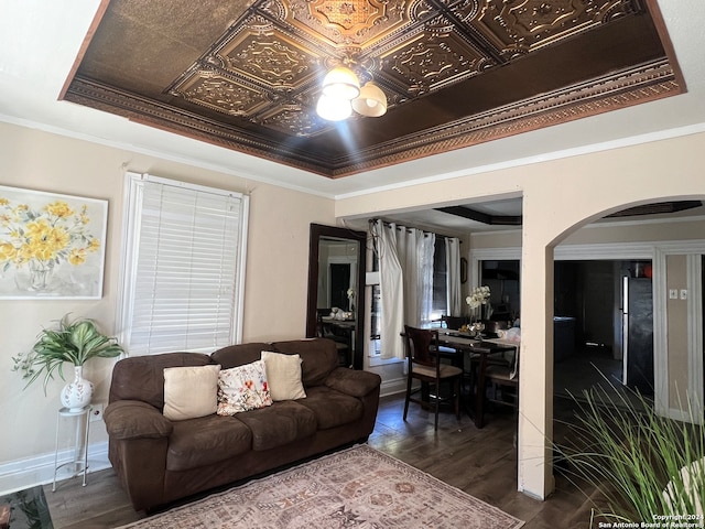 living room featuring dark hardwood / wood-style flooring, crown molding, and a tray ceiling