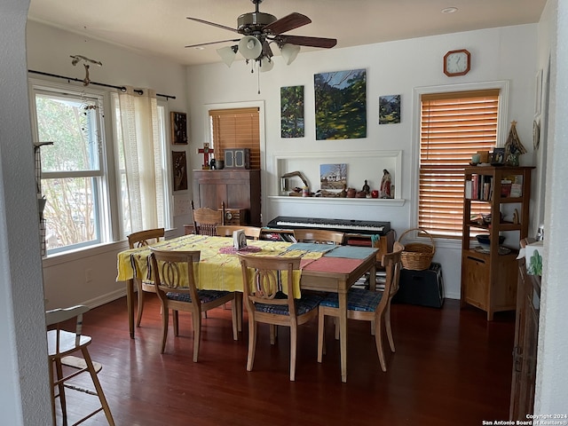 dining room featuring ceiling fan and dark wood-type flooring