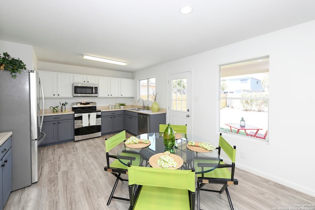 kitchen featuring gray cabinetry, white cabinets, sink, light hardwood / wood-style flooring, and appliances with stainless steel finishes