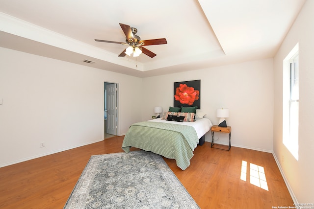 bedroom with hardwood / wood-style flooring, ceiling fan, and a tray ceiling