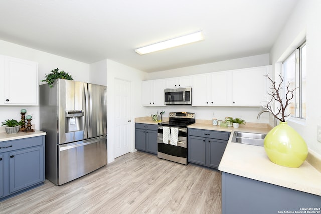 kitchen with light hardwood / wood-style floors, white cabinetry, sink, and appliances with stainless steel finishes