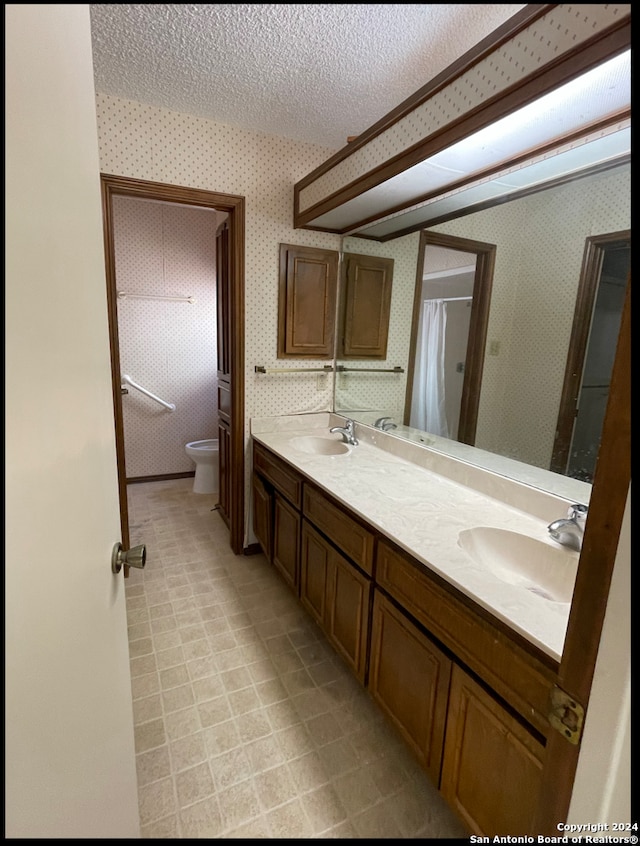 bathroom with vanity, a textured ceiling, and toilet