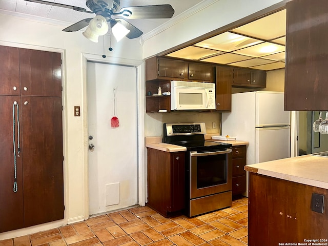 kitchen with white appliances, ceiling fan, and ornamental molding