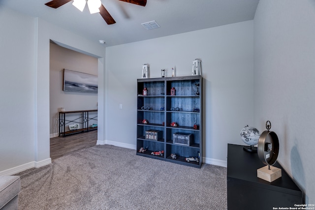 miscellaneous room with ceiling fan and carpet floors