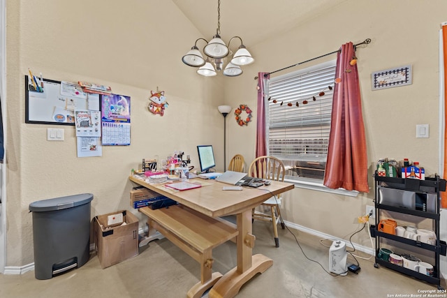 dining room featuring concrete floors, vaulted ceiling, and an inviting chandelier