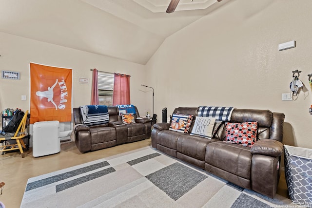 living room with ceiling fan and lofted ceiling