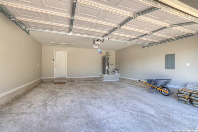 garage with electric panel, water heater, and a garage door opener