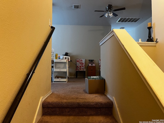 staircase with carpet floors and ceiling fan